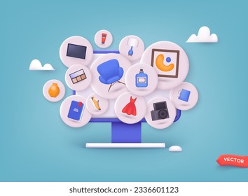 Background with shopping items. Online shopping on application and website concept, digital marketing online. 3D Web Vector Illustration.