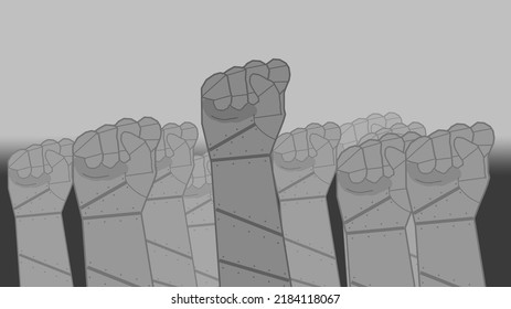 Background showing gray robotic fists in the air.
