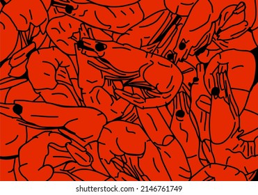 Background from shrimps, full frame. Line drawing. Design, menu development, advertising, packaging of shrimp products.
