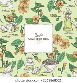 Background with sida cordifolia: sida cordifolia plant, bala leaves and sida cordifolia flowers. Bala. Oil, soap and bath salt . Cosmetics and medical plant. Vector hand drawn