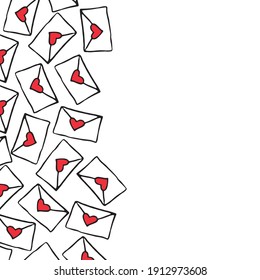 Background, side border, backdrop with love letters for inscription to the day of St. Valentine. Envelopes with red hearts in the doodle style. For a card, banner, flyer, certificate