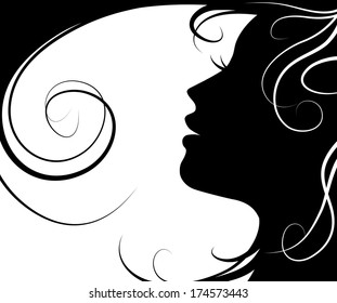 Background silhouette beautiful girl  vector and flying hair on white background