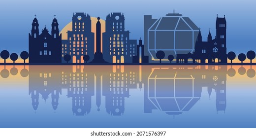 
The background is a silhouette of the city of Minsk for a website or banner.