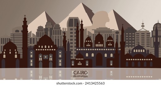 The background silhouette of Egypt, Cairo, is an illustration that depicts the main attractions of the city and the features of the country.