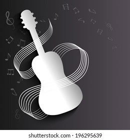 background with a silhouette of a guitar and notes. vector illustration