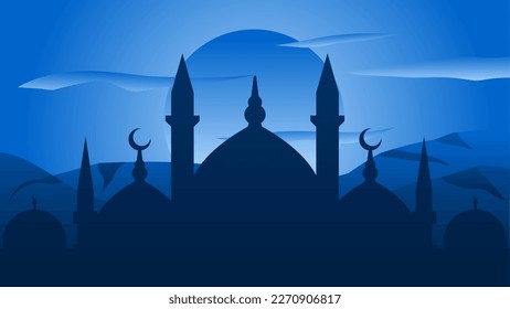 Background of silhouette mosque with blue sky for islamic design. Landscape element for design graphic ramadan greeting in muslim culture and islam religion. Ramadan wallpaper of mosque and hill
