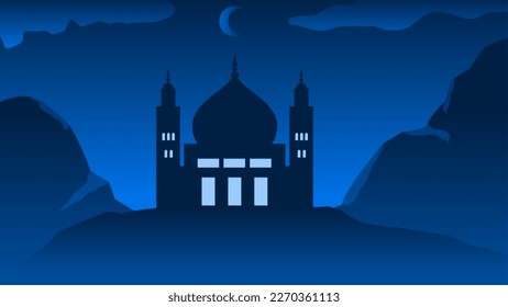 Background of silhouette mosque with night sky for islamic design. Landscape element for design graphic ramadan greeting in muslim culture and islam religion. Ramadan wallpaper of mountain and hill