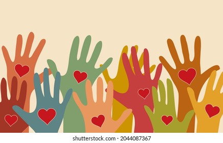 El fondo de la silueta de manos multicolores con corazones en las palmas, el concepto de diversidad, voluntariado.