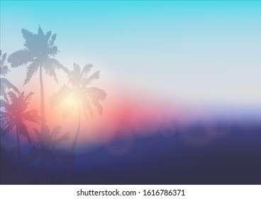 Background with silhouette of palm trees and tropical sunrise. Vector illustration