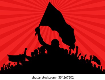 Background With Silhouette Of Protesters With Flags And Banner