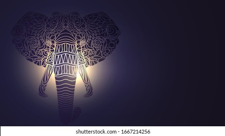 Background with a silhouette of a stylized elephant head and bright light, a symbol of Hinduism