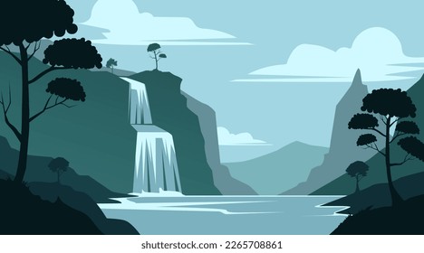 background silhouette, view of waterfalls, lakes and trees, shades of green