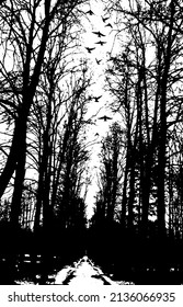 Background with silhouettes of bare branches of trees. Vector illustration