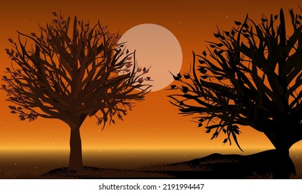Fondo con siluetas de árboles negros con hojas caídas por la noche. Ilustración del vector