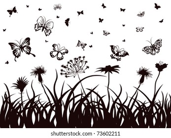 the background of silhouettes of butterflies, flowers and grass