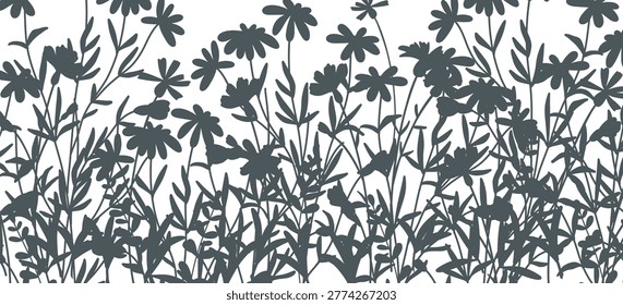 Background with silhouettes of flowers, leaves and grass. Abstract floral nature pattern. Vector illustration.