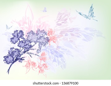 Background of silhouettes of flowers - sweet purple irises and pink flowers.