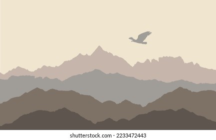 Background silhouettes of mountains and a flying bird in the sky.Vector illustration