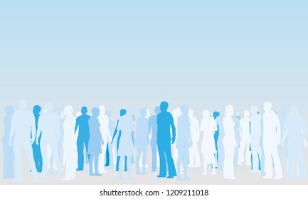 Background with silhouettes of people in different poses and different tones of blue. Vector illustration.