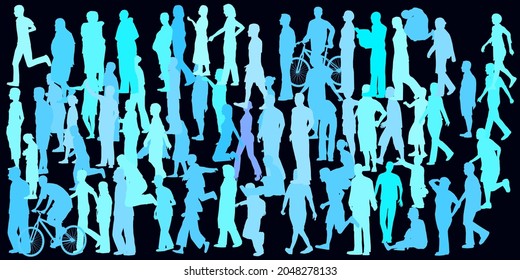 Background with silhouettes of people in different poses. Crowd. Vector illustration