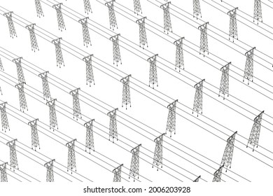Background with silhouettes of power lines standing in a row isolated on white background. Isometric view. Vector illustration