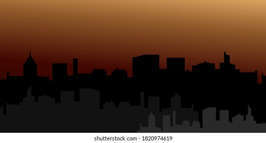 Background of silhouettes of skyscrapers. Modern vector landscape. Modern city, houses, skyscrapers. Dark silhouette of buildings on the background of the evening sky. Flat style. Vector illustration