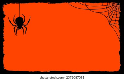 Background with silhouettes of spider round black web and framed spider. Vector silhouette, Elements for Halloween design.