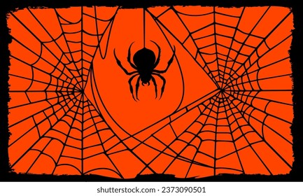 Background with silhouettes of spider round black web and framed spider. Vector silhouette, Elements for Halloween design.