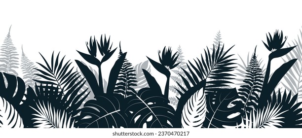 Background with silhouettes of tropical plants in cartoon style. Vector illustration of background with silhouettes of tropical plants: monstera, palm leaves, strelitzia, banana leaves and fern.