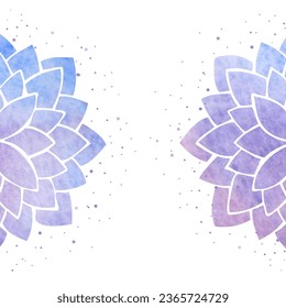 Antecedentes con siluetas de flores de estilo violeta y azul, mandala de patrón oriental étnico con textura de acuarela y salpicadura