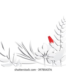 background with silhouettes of white  leaves and red flower