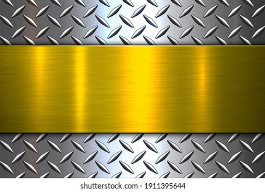 Background Silver Gold Metallic, 3d Chrome Vector Design With Diamond Plate Sheet Metal Texture.