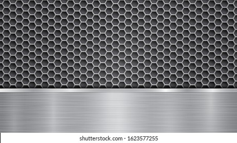Background in silver and gray colors, consisting of a perforated metallic surface with holes and one horizontal polished plate located below, with a metal texture, glares and shiny edges
