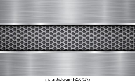 Background in silver and gray colors, consisting of a perforated metallic surface with holes and two horizontal polished plates located above and below, with a metal texture, glares and shiny edges