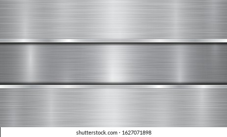 Background in silver and gray colors, consisting of a shiny metallic surface and two horizontal polished plates located above and below, with a metal texture, glares and burnished edges