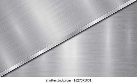 Background in silver and gray colors, consisting of a shiny metallic surface and one big polished plate located in diagonal, with a metal texture, glares and burnished edge