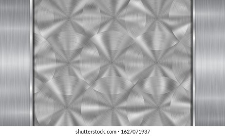 Background in silver and gray colors, consisting of a shiny metallic surface and two vertical polished plates located left and right, with a metal texture, glares and burnished edges