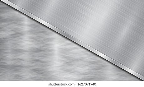 Background in silver and gray colors, consisting of a shiny metallic surface and one big polished plate located in diagonal, with a metal texture, glares and burnished edge