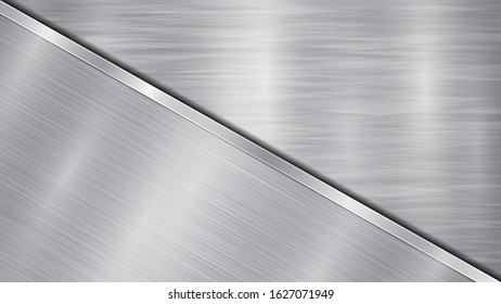 Background in silver and gray colors, consisting of a shiny metallic surface and one big polished plate located in diagonal, with a metal texture, glares and burnished edge