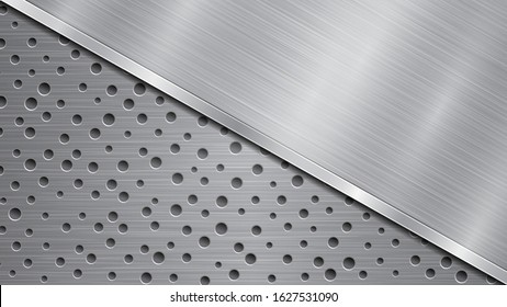 Background in silver and gray colors, consisting of a perforated metallic surface with holes and one big polished plate located in diagonal, with a metal texture, glares and shiny edge