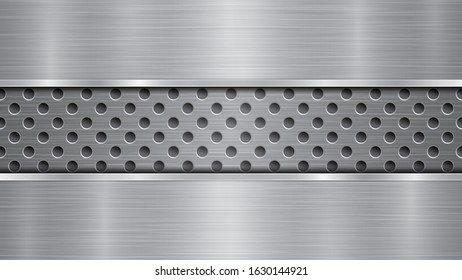 Background in silver and gray colors, consisting of a perforated metallic surface with holes and two horizontal polished plates located above and below, with a metal texture, glares and shiny edges