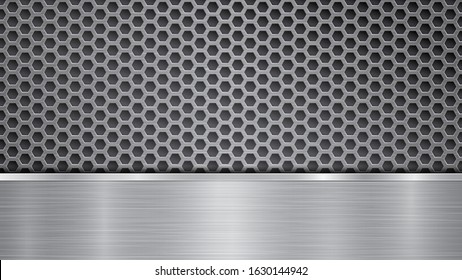 Background in silver and gray colors, consisting of a perforated metallic surface with holes and one horizontal polished plate located below, with a metal texture, glares and shiny edges