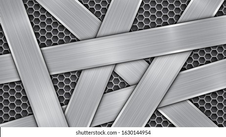 Background in silver and gray colors, consisting of a perforated metallic surface with holes and several randomly arranged intersecting polished plates with a metal texture, glares and shiny edges