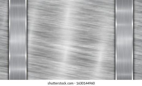 Background in silver and gray colors, consisting of a shiny metallic surface and two vertical polished plates located left and right, with a metal texture, glares and burnished edges