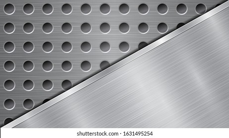 Background in silver and gray colors, consisting of a perforated metallic surface with holes and one big polished plate located in diagonal, with a metal texture, glares and shiny edge