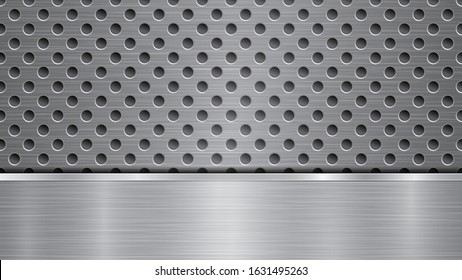 Background in silver and gray colors, consisting of a perforated metallic surface with holes and one horizontal polished plate located below, with a metal texture, glares and shiny edges
