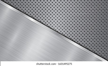 Background in silver and gray colors, consisting of a perforated metallic surface with holes and one big polished plate located in diagonal, with a metal texture, glares and shiny edge