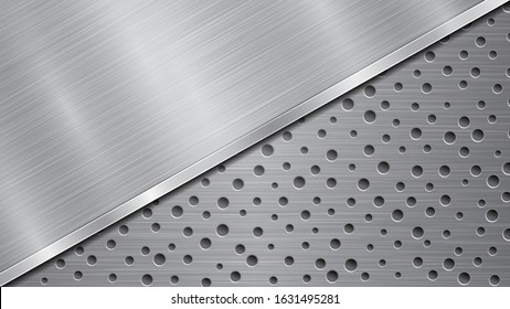Background in silver and gray colors, consisting of a perforated metallic surface with holes and one big polished plate located in diagonal, with a metal texture, glares and shiny edge