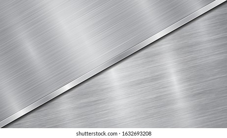 Background in silver and gray colors, consisting of a shiny metallic surface and one big polished plate located in diagonal, with a metal texture, glares and burnished edge