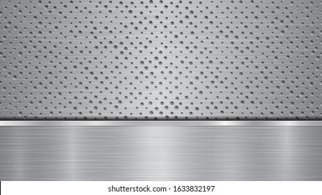 Background in silver and gray colors, consisting of a perforated metallic surface with holes and one horizontal polished plate located below, with a metal texture, glares and shiny edges